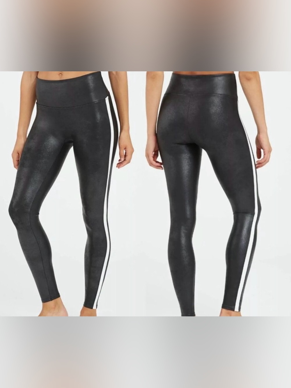 SPANX Black Faux-Leather Leggings with White Side Stripes